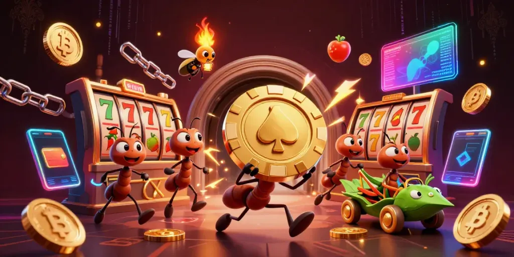 Thrilling slot heist with ants and golden poker chip, surrounded by casino elements.