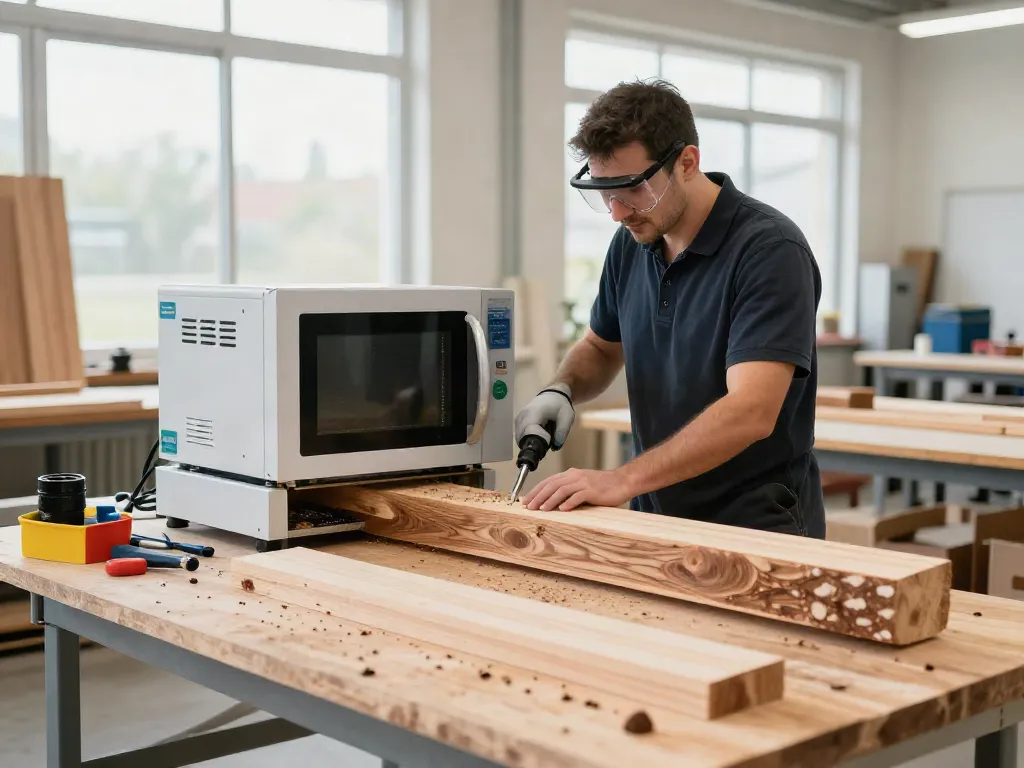 SHASHEL® microwave device in use for chemical-free wood treatment in a modern workshop.