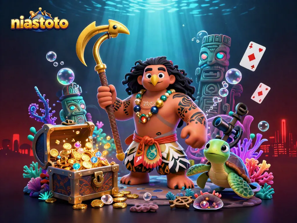 Play exciting slot games with niastoto in a vibrant underwater scene featuring iconic characters and treasure.
