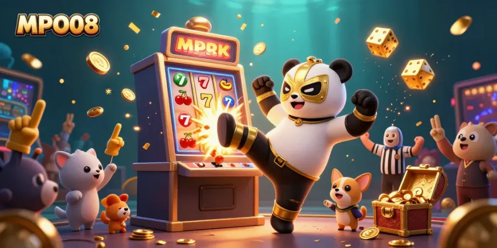 Engaging MPO08 illustration with a panda wrestler, slot machine, and vibrant casino atmosphere.