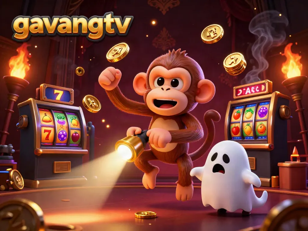 Gavangtv showcases a playful poltergeist monkey and ghost-hunter puppy in a rich casino scene.