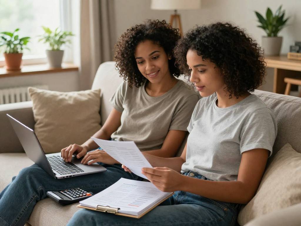 Couple discussing credit management strategies in a cozy living room.