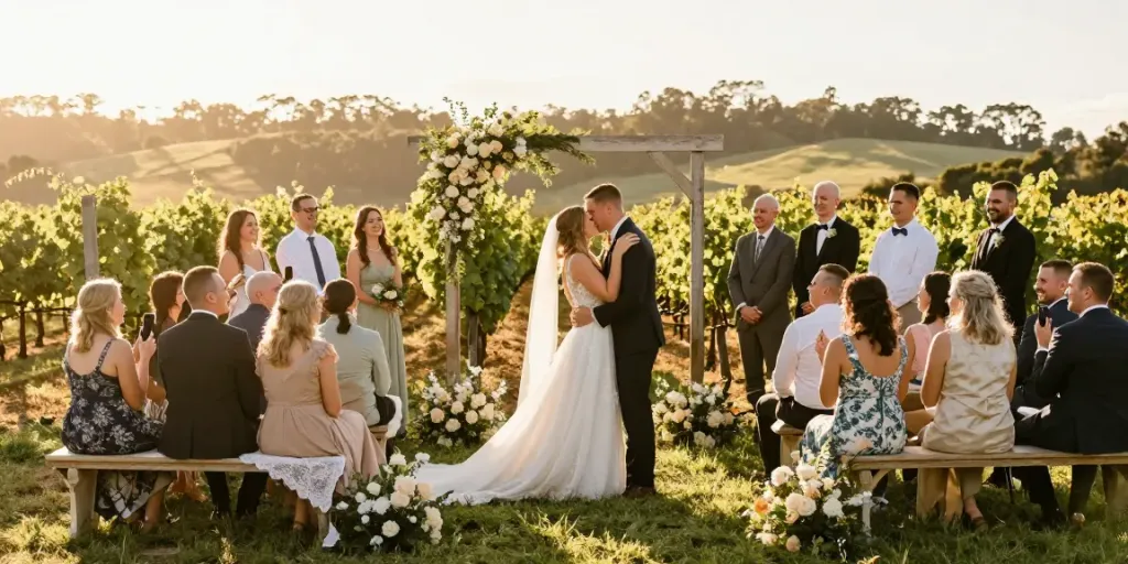 Best wedding photographer Hunter Valley capturing authentic moments during an outdoor vineyard wedding ceremony.