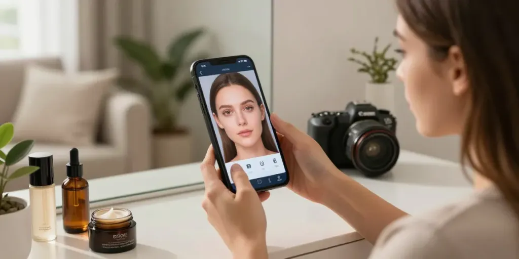 Alternatives to QOVES shown in a modern beauty analysis scene with a woman using a skincare evaluation app.