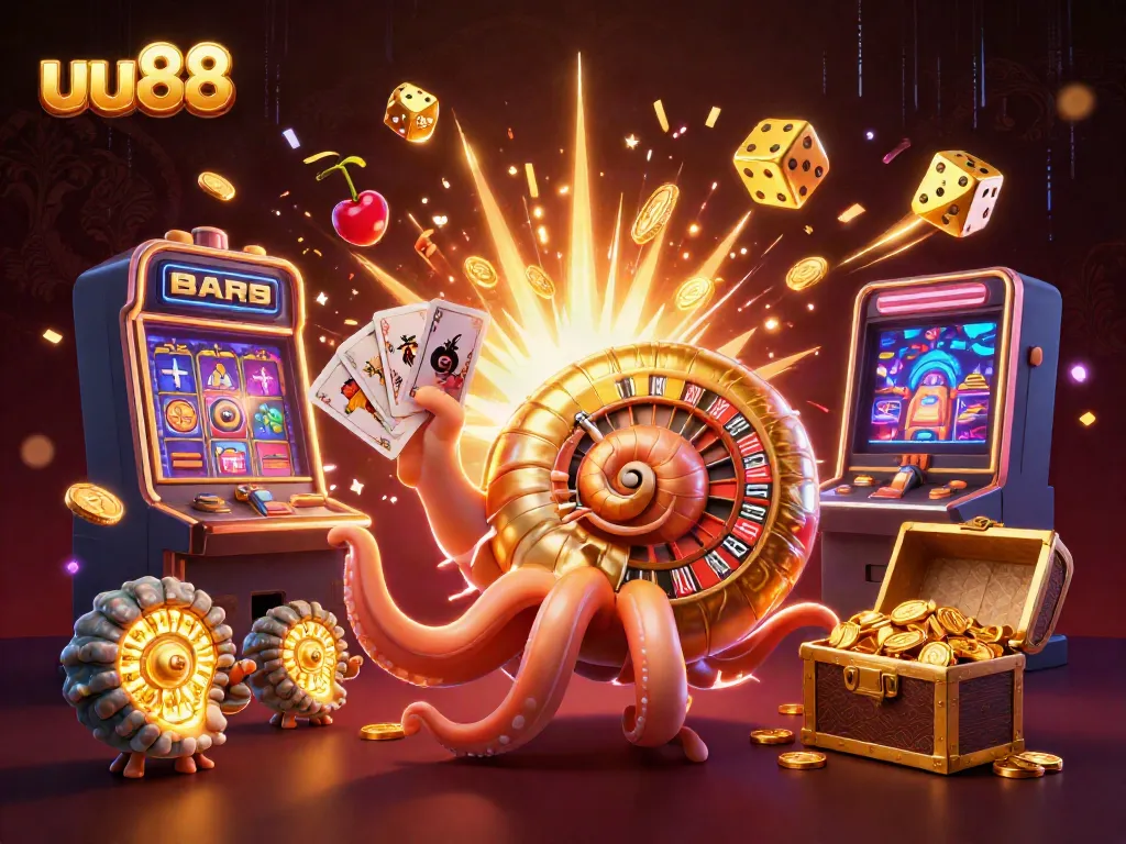 UU88 showcases a vibrant 3D illustration featuring a giant nautilus roulette and a dynamic casino environment.