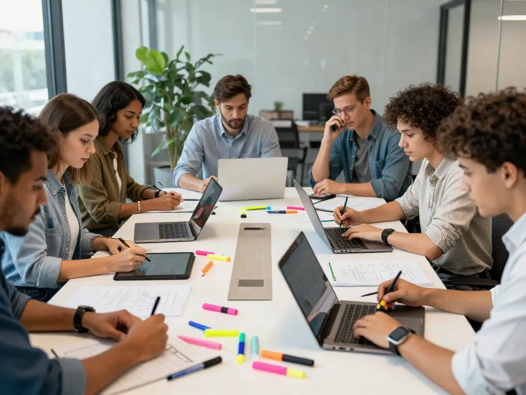 Collaborative session featuring diverse professionals using highlighter pens, emphasizing highlighter pen supplier's vibrant colors in a modern office.