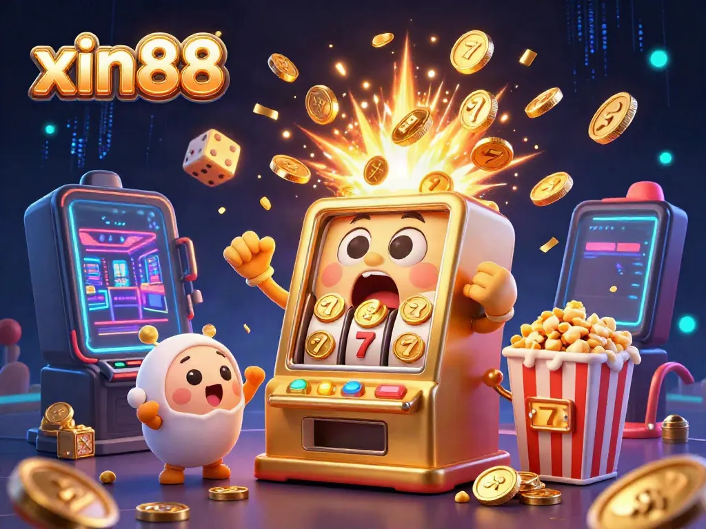 Experience the xin88 jackpot moment with a golden slot machine bursting coins, celebrating with smaller machines.