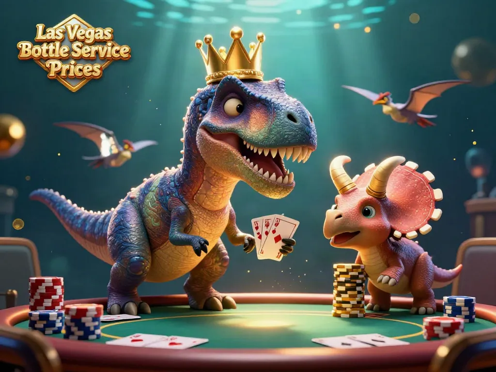 Experience Las Vegas Bottle Service Prices with animated dinosaurs shuffling poker cards and stacking chips.
