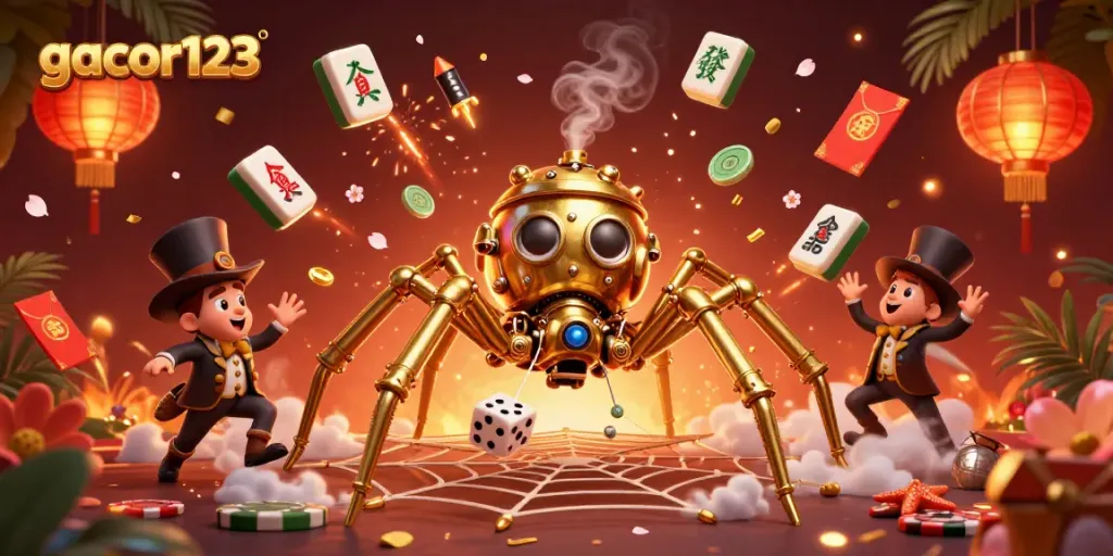 Experience winning moments at gacor123 with an engaging 3D illustration of a steampunk-inspired scene.