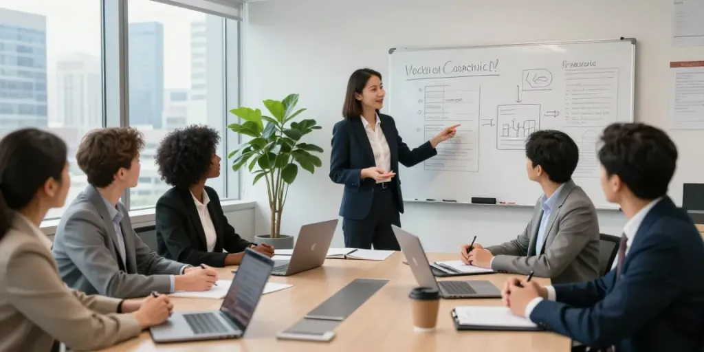 PedroVazPaulo Executive Coaching session with business leaders in a modern office.