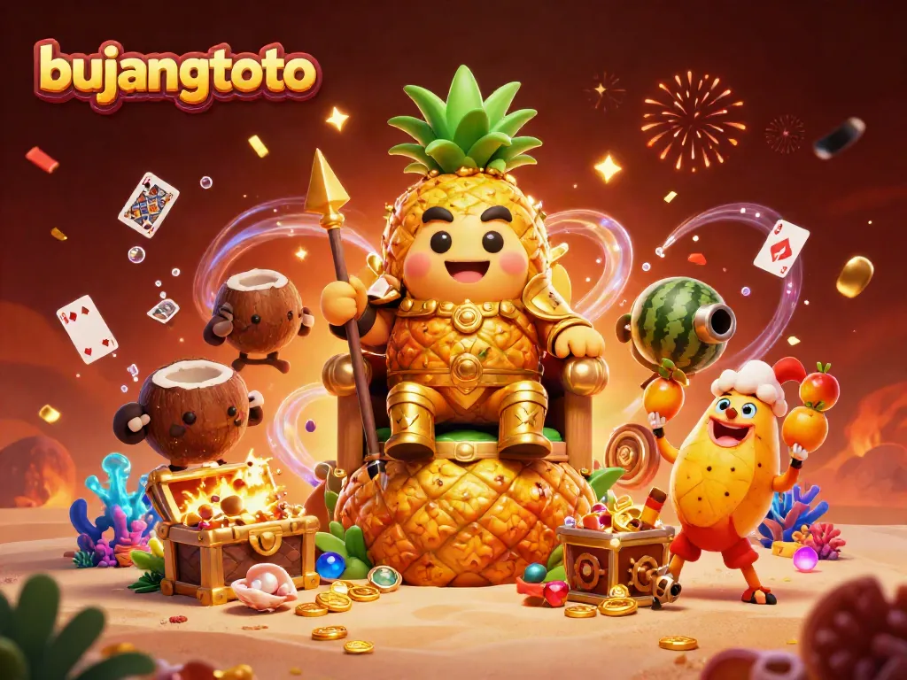 Engage with bujangtoto as the golden pineapple king oversees a vibrant casino beach scene filled with treasures.