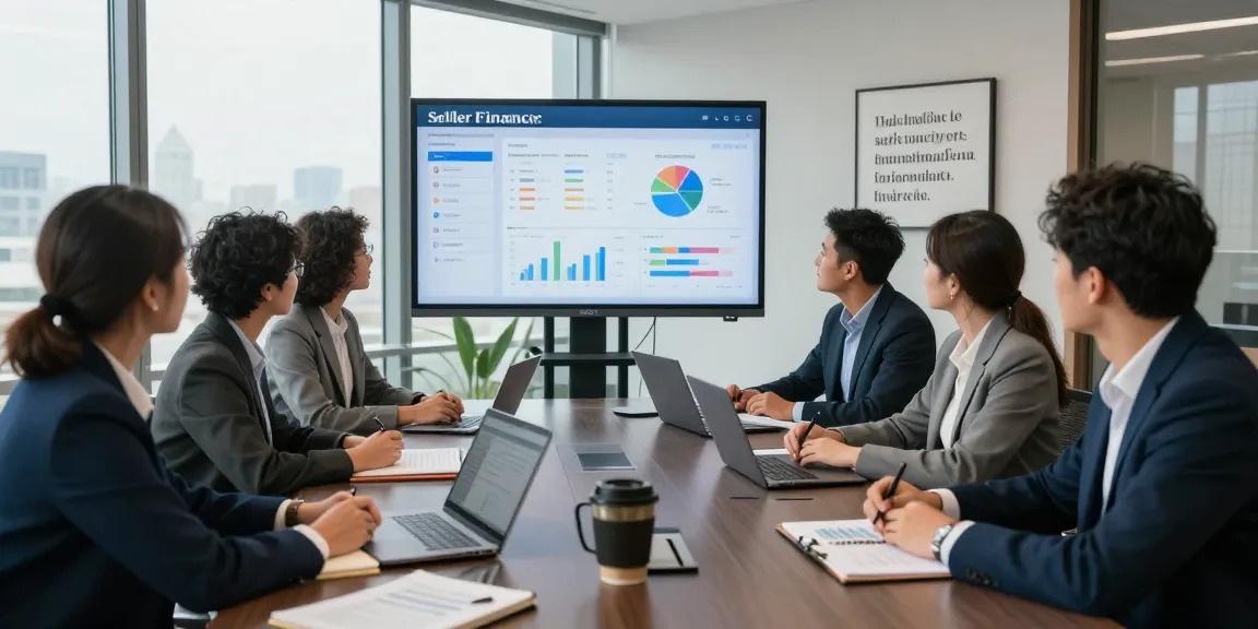 Team discussing strategies using a seller financing calculator in a modern office setting