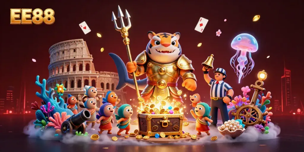 Experience the excitement of EE88's underwater casino world with vibrant scenes and treasures.