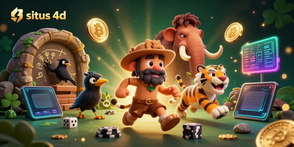 Engage with situs 4d in a colorful prehistoric casino scene featuring unique characters and crypto elements.