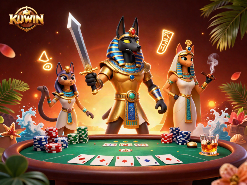 Play thrilling poker with KUWIN in a vibrant 3D illustration featuring ancient Egyptian characters.