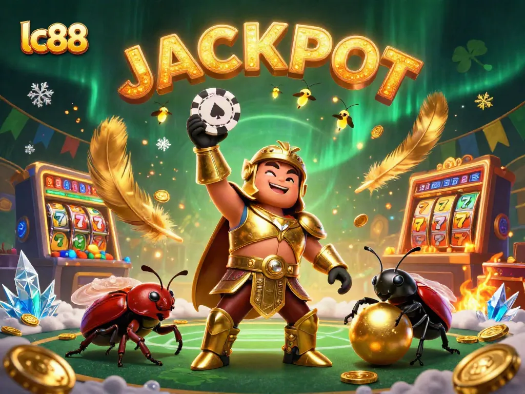 Engage with lc88's dazzling casino adventure, featuring a victorious beetle in a vibrant, dynamic gaming arena.