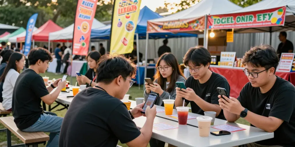 Togel online: Teman menikmati acara lotere dengan tiket dan smartphone di tangan.