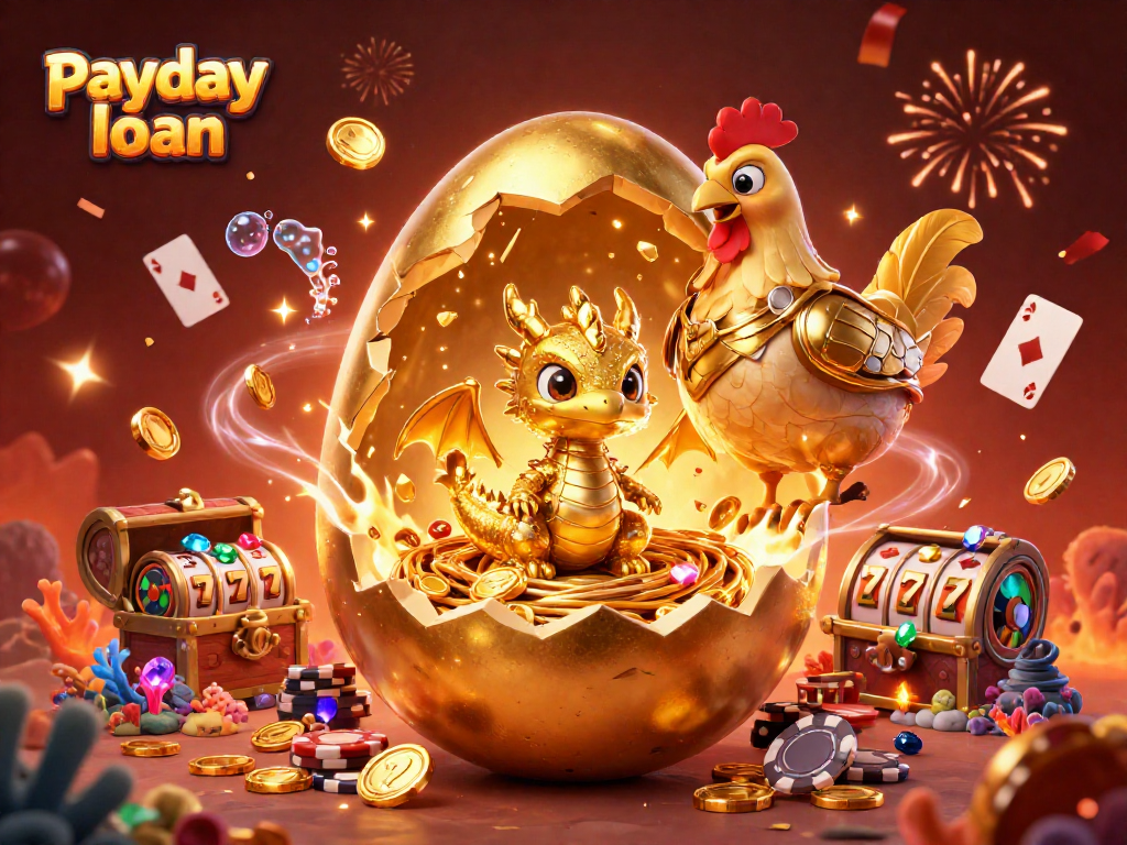 Engage in fast-paced action with a payday loan and a baby dragon, surrounded by vibrant casino elements.