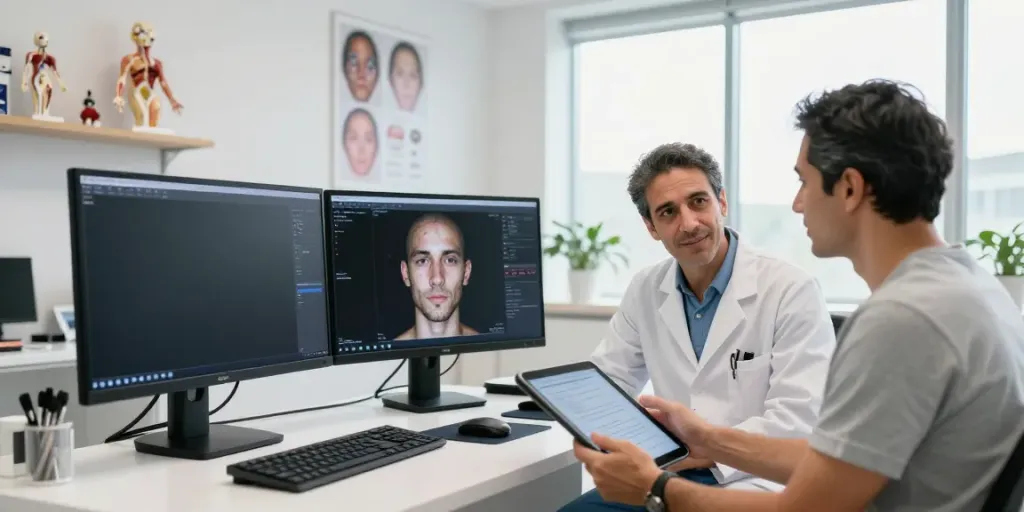Dr Chacra discussing patient results in a modern consultation room with advanced imaging technology.