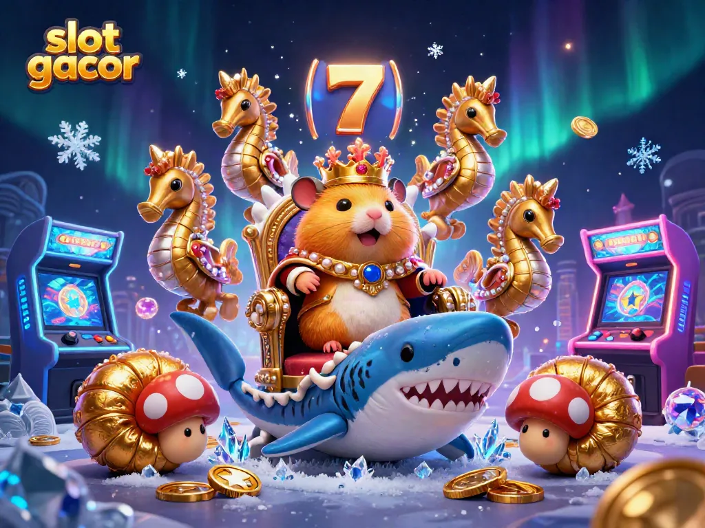 Experience slot gacor adventures with a golden hamster king in a vibrant casino setting.
