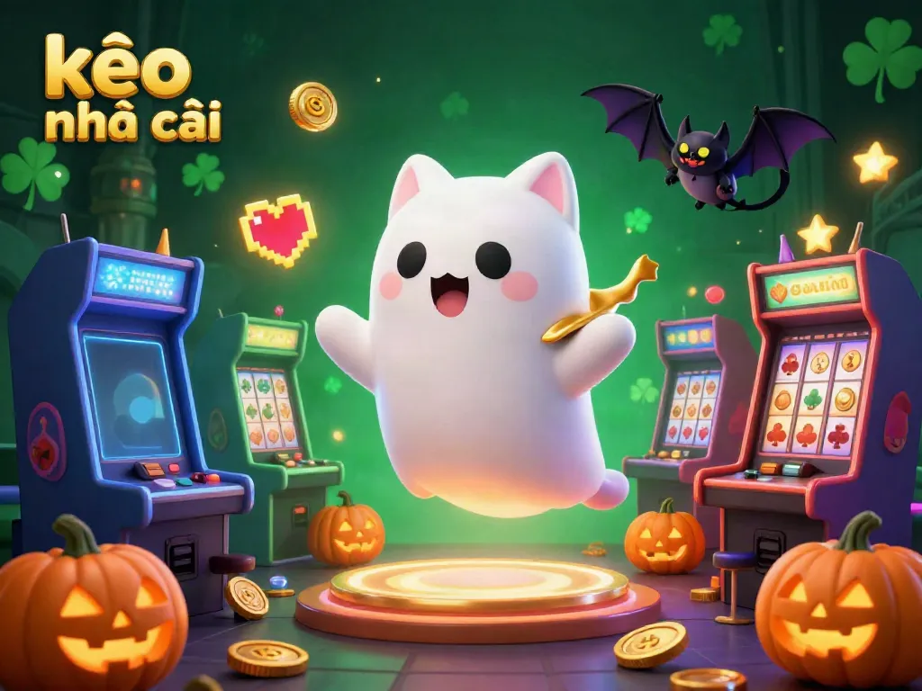 This vibrant illustration captures kèo nhà cái in a lively haunted casino scene with a ghost cat and bat, featuring playful arcade game elements and glowing jackpots.
