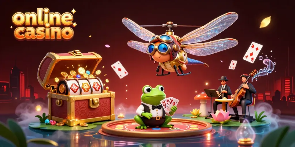 Experience an online casino adventure with a dragonfly pilot and frog dealer in a vibrant 3D scene.