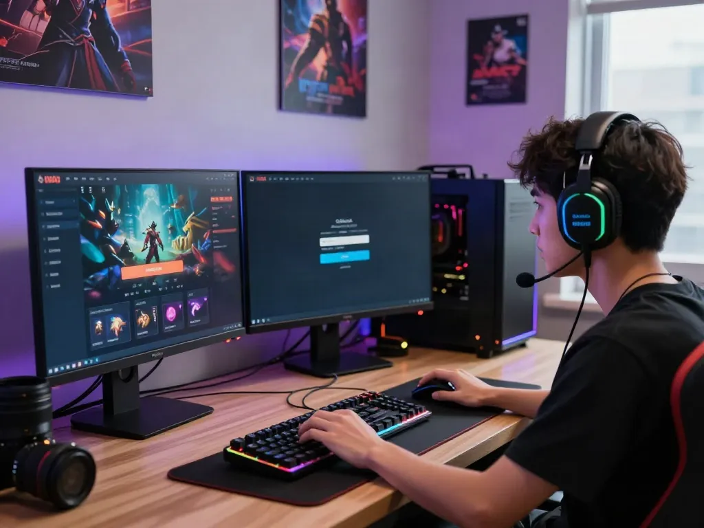 User engaging in QQMacan login process at a dynamic gaming setup.