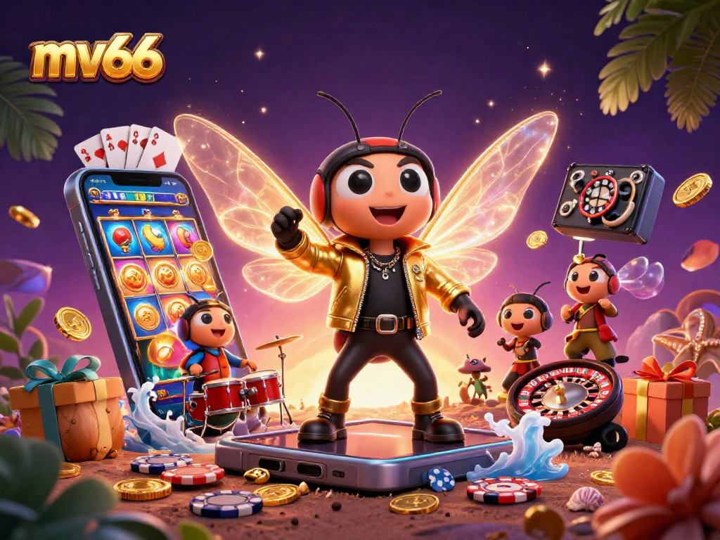 Winning at mv66: A vibrant 3D scene with a cicada rock star, mobile slots, and casino elements.