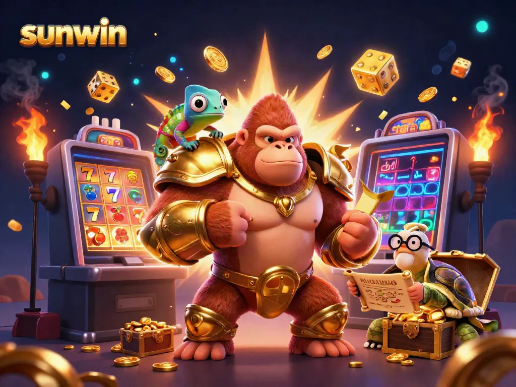 Experience thrilling wins at Sunwin with a vibrant 3D casino illustration showcasing gaming excitement and adventure.
