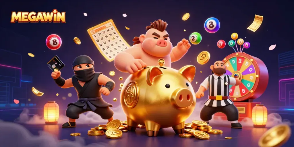 MegaWIN menampilkan karakter sumo bank muncul dengan koin emas melimpah saat bermain lotere dalam suasana kasino yang menyenangkan.