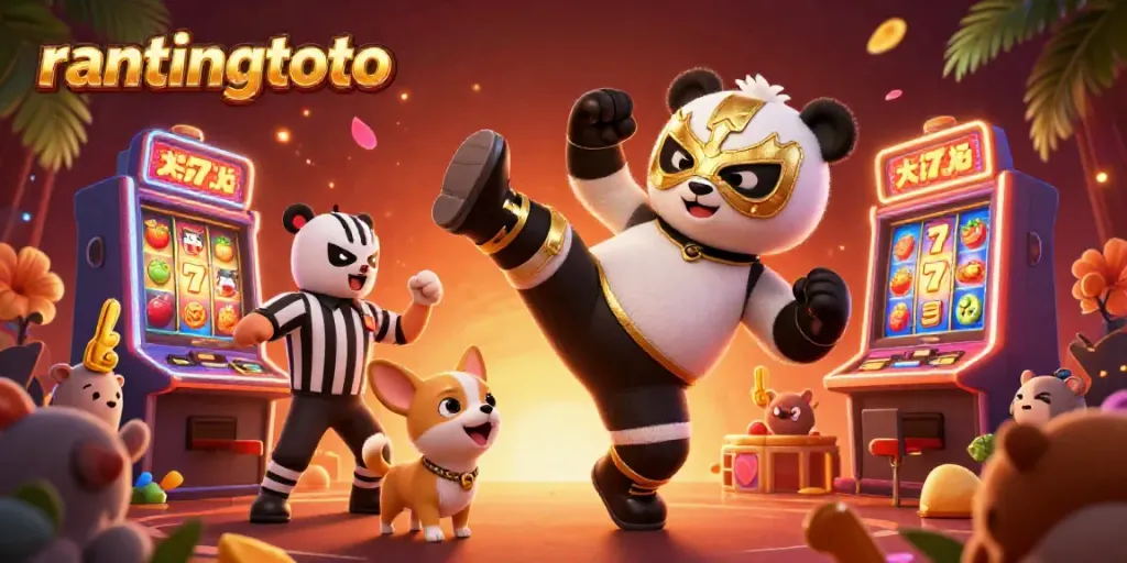 Gambar interaktif rantingtoto dengan panda pegulat 3D dan simbol slot yang menawan di latar belakang.