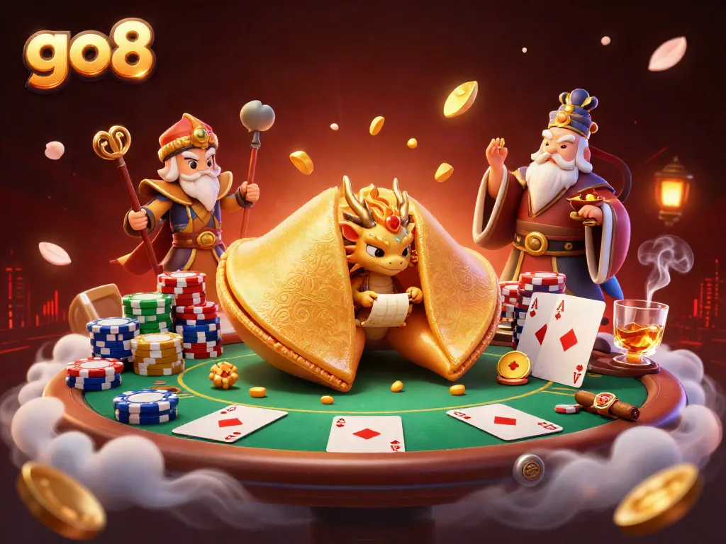 Experience the thrill of go8 with this vibrant illustration of fortune and poker elements in a dynamic casino scene.