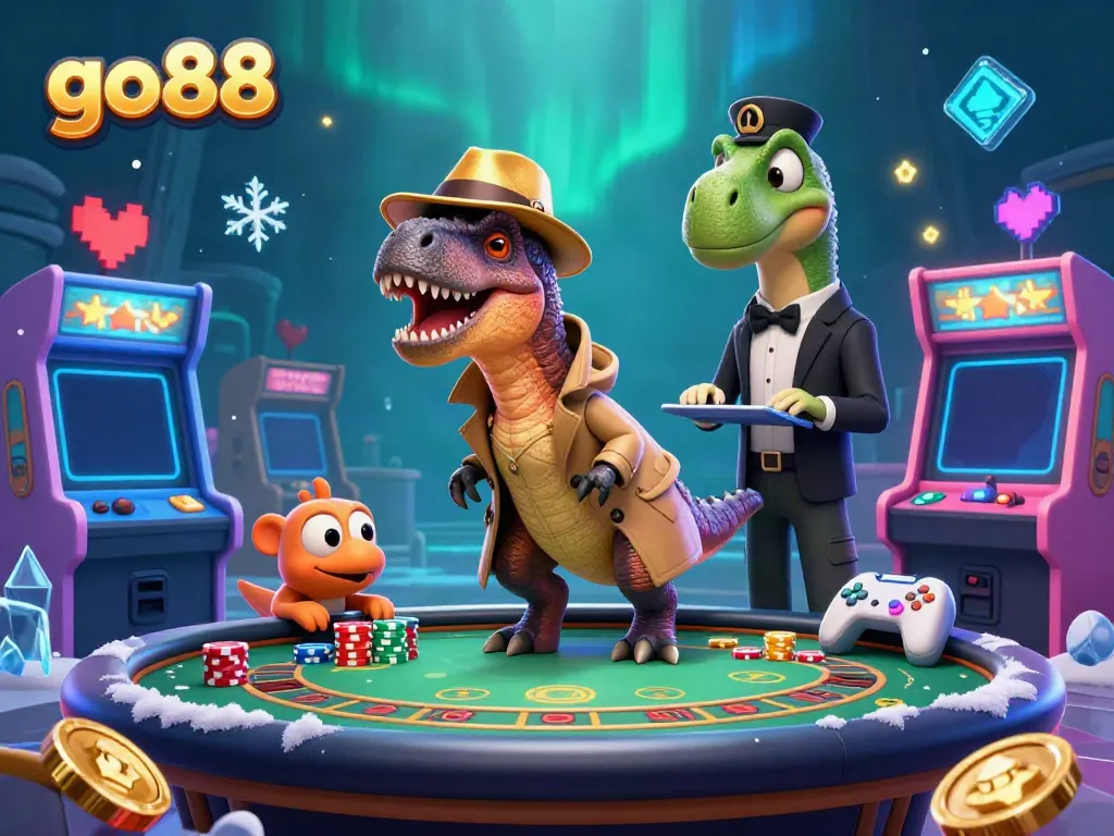 Engage in thrilling blackjack at go88 with a velociraptor and stegosaurus amidst colorful casino elements.