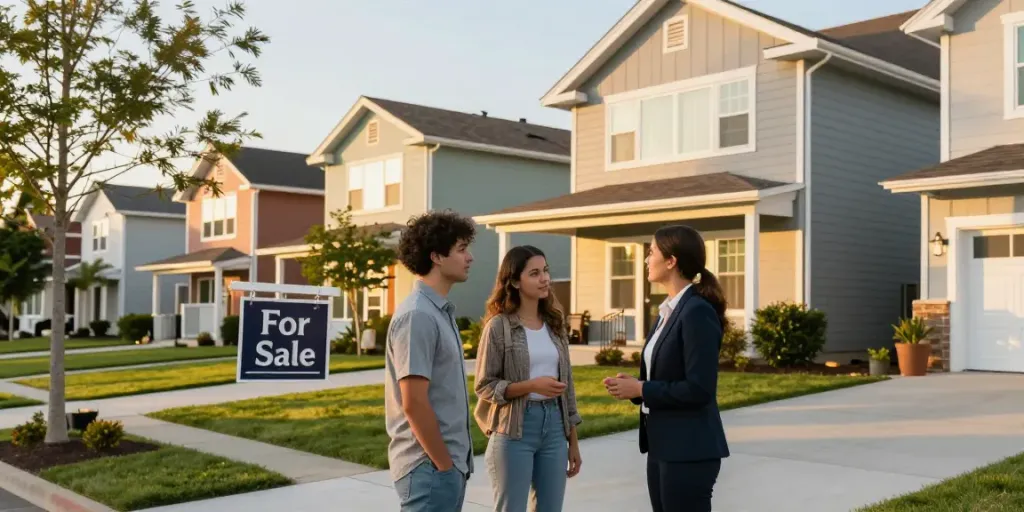 Engaging real estate agent showcasing property features in lively neighborhood.
