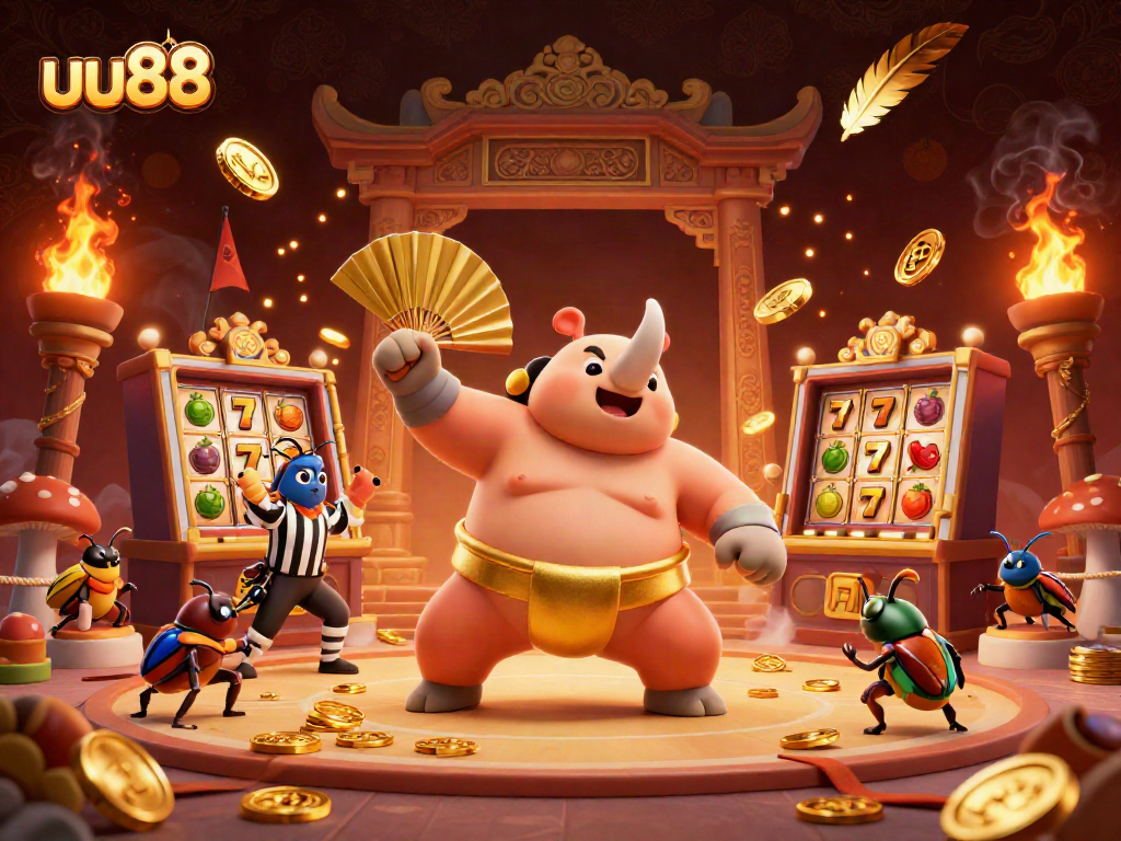 Experience thrilling gameplay with uu88 as a cartoon beetle champion roars amidst flying coins.