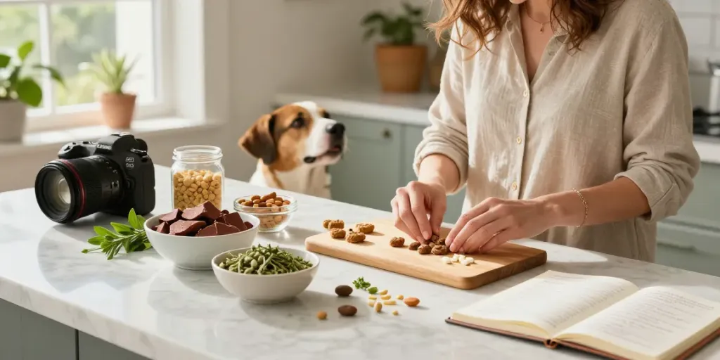 Calming Dog Treats ingredients and preparation in a bright kitchen, highlighting natural wellness for pets.