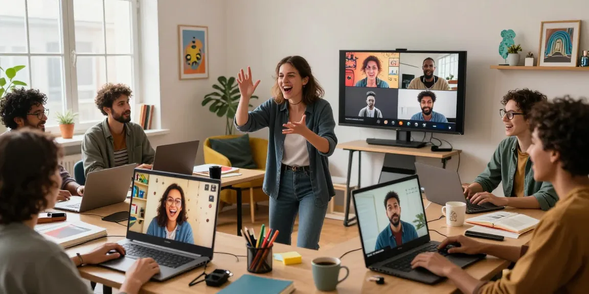 Group video call for online improv classes showcasing participants engaged and laughing during a creative session.