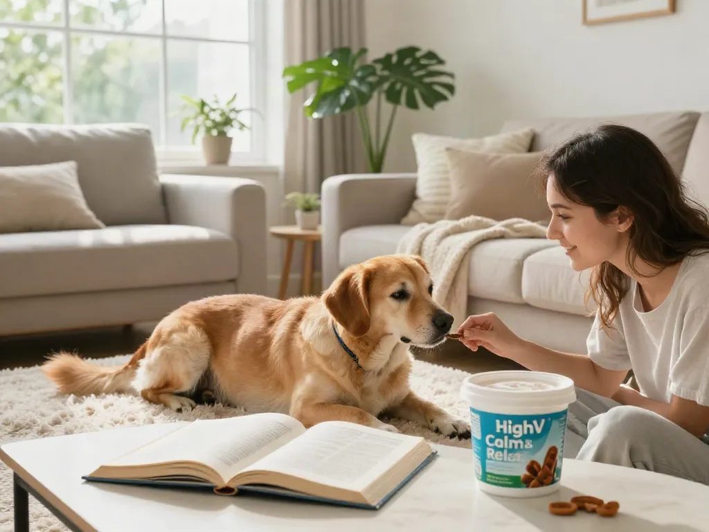 Calming Dog Treats support relaxation for stressed dogs in a cozy home environment.
