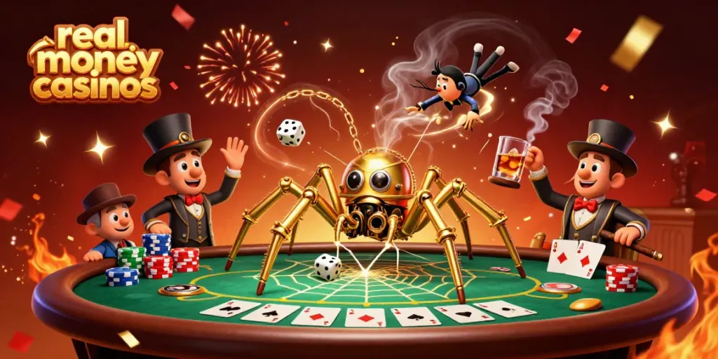 Experience thrilling real money casinos action with a steampunk theme featuring poker elements and a whimsical spider.