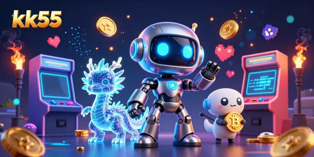 Engage with kk55’s thrilling gaming experience in a vibrant, detailed illustration featuring iconic casino elements.