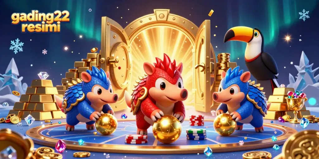 Experience thrilling gameplay with gading22 resmi, featuring rival pangolins in a vibrant casino scene.