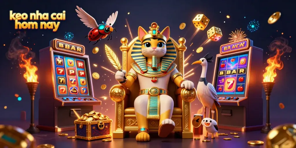 Engaging a 3D cartoon Egyptian pharaoh cat alongside a scribe and casino elements in vibrant display focused on keo nha cai hom nay.