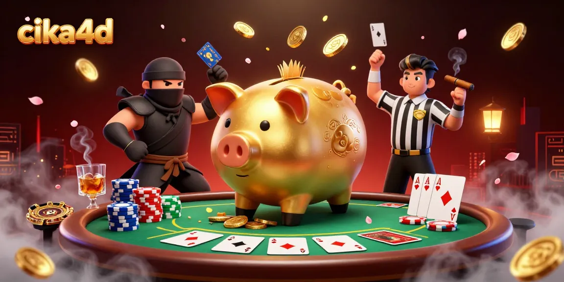 Cika4d displays thrilling casino action with a golden piggy bank sumo wrestler amidst poker riches.