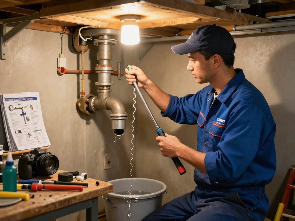 Professional plumber engaged in drain cleaning Fort Worth with tools and manuals in a cozy basement setting.