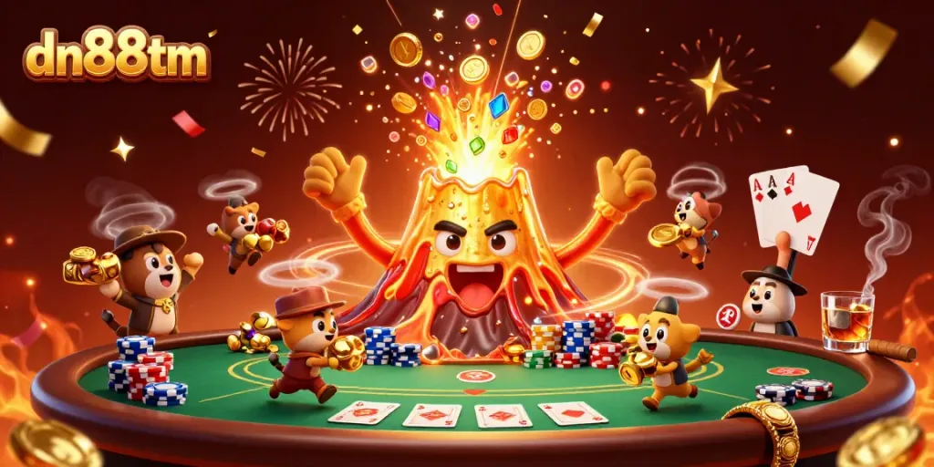 Experience thrilling casino action with dn88tm's vibrant 3D volcano erupting treasure and gaming elements.