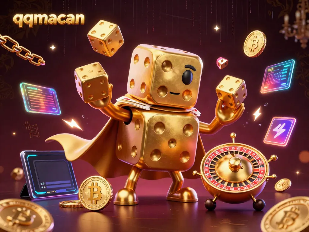 Experience thrilling gameplay with QQMacan's vibrant 3D casino visuals of golden dice and crypto elements.