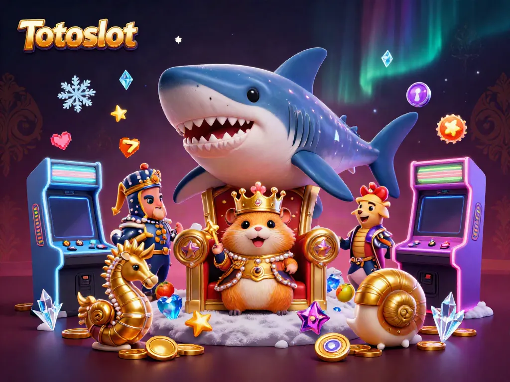 Totoslot menghadirkan ilustrasi mewah dengan raja hamster emas dan elemen mesin slot yang berkilauan.