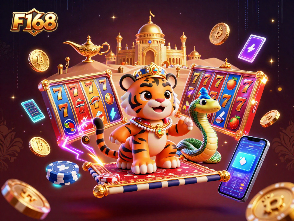 Win big with F168: A vibrant 3D illustration showcasing an exotic casino adventure.