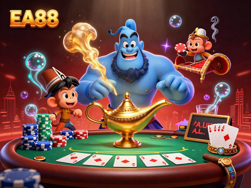 Experience thrilling gameplay with EA88 featuring a colorful casino scene with poker elements and a genie.