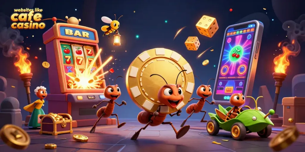 Ants carry a golden poker chip in a vibrant casino scene reminiscent of websites like cafe casino.